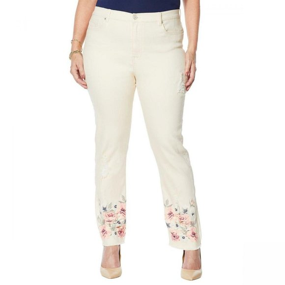 DG2 by Diane Gilman Denim - NWT DG2 Floral Fray Hem Ankle Jeans 16W Tall Cream